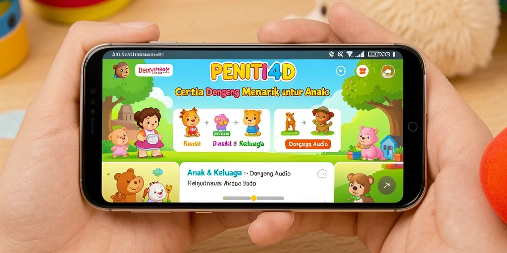 Antarmuka aplikasi PENITI4D menampilkan pilihan cerita dongeng audio.